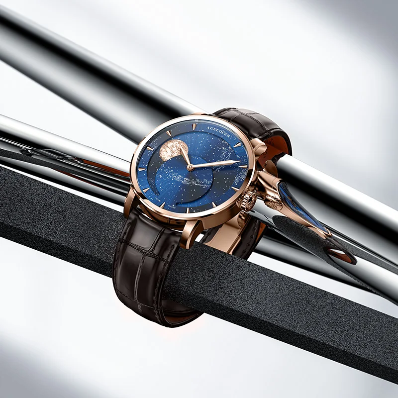 AGELOCER Original Astronomer Watch Men\'s Business Luxury Gold Watch Automatic Mechanical Moon Phase Watch Birthday Gift for Men