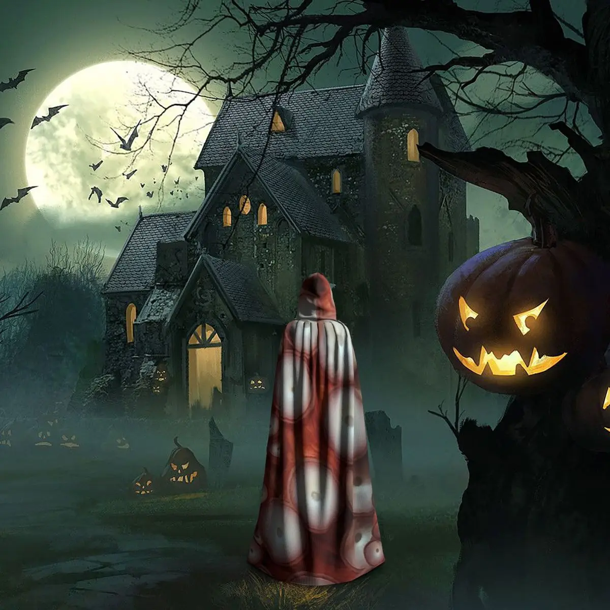 الأزرق والأبيض الأخطبوط مخالب الإطار طويل مقنعين عباءة الساحرة القرون الوسطى زي تأثيري كيب هالوين معطف الكبار للجنسين