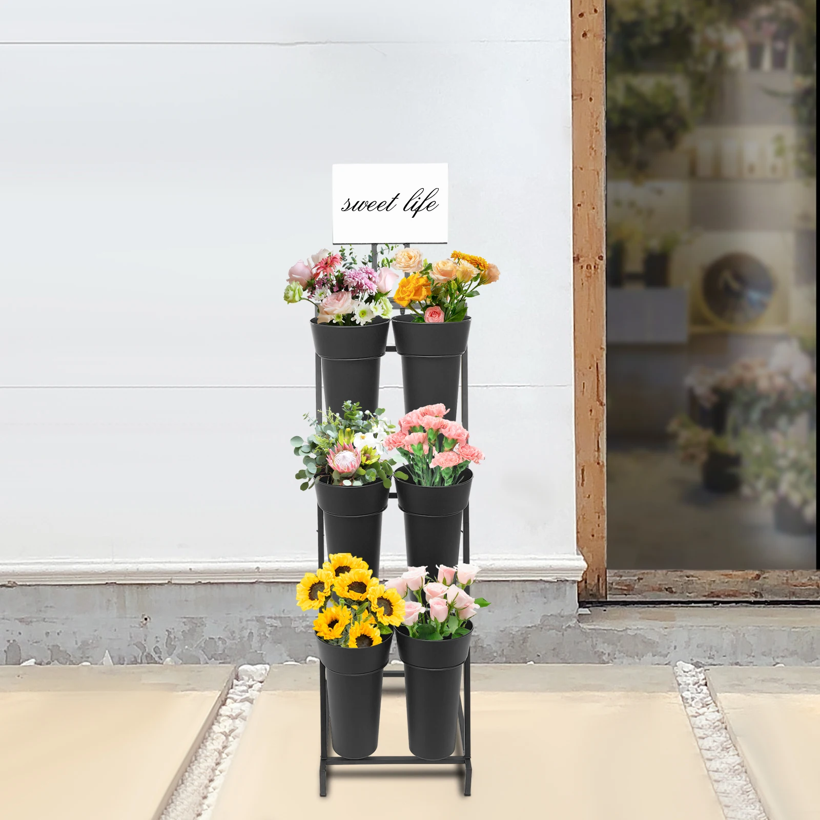 Soporte de exhibición de flores de 3 capas, estante moderno móvil de Metal para plantas con 6 uds. De cubos y ruedas para flores para el hogar, jardín, Patio y balcón