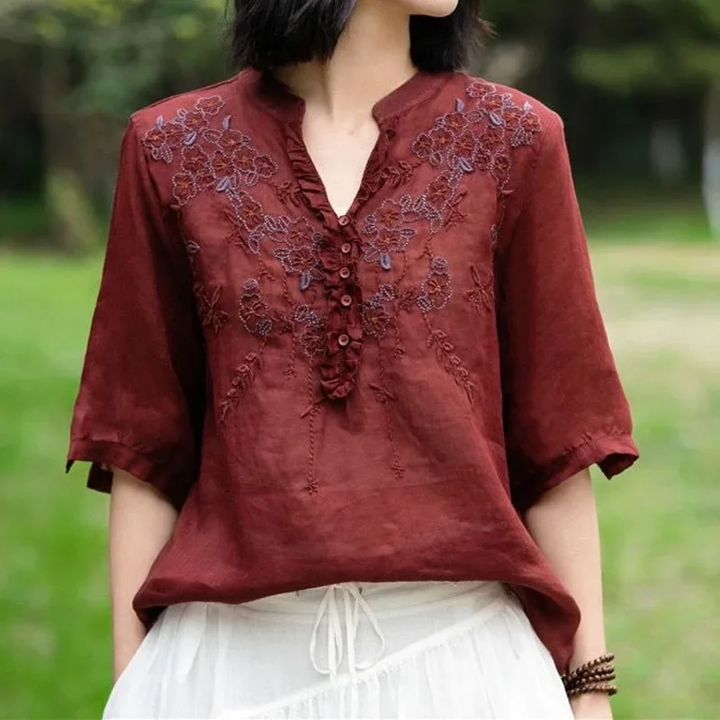 Fashion Solid Color Embroidery Spliced Shirt Summer Women\'s Clothing Loose All-match V-Neck Half Sleeve Blouse Female ZL922