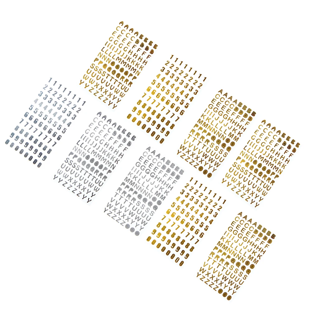 9 hojas de pegatinas alfanuméricas con estampado dorado, calcomanías decorativas duraderas y respetuosas con el medio ambiente para álbum de recortes, manualidades para cuaderno, educativo para niños