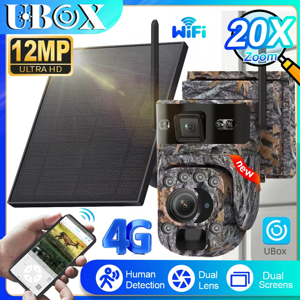 UBOX 6K 12MP 4G SIM Solar Trail Camera 20X ZOOM Wireless Outdoor Hunting Wildlife Camera PIR Human Detection Auto Tracking CCTV