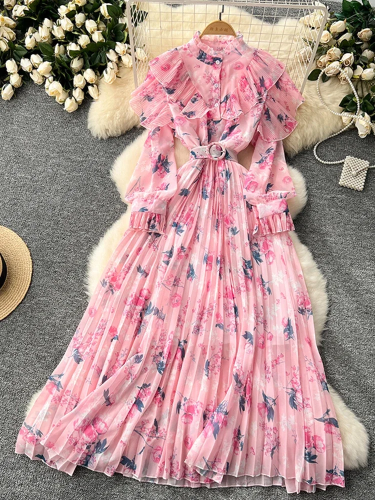 Frühling Herbst Französisch Langarm Gedruckt Chiffon Kleid mit Rüschen Rand Spleißen Taille Cinching Elegante Gefaltete Lange Kleid A205
