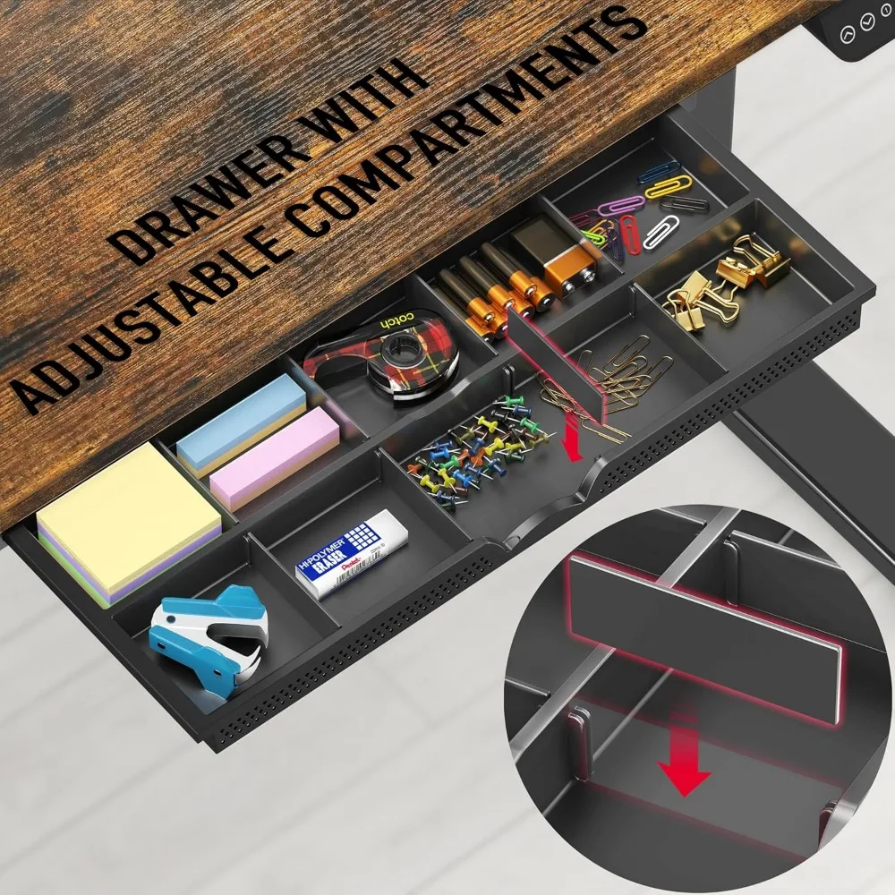 مكتب كهربائي قابل للتعديل بارتفاع 55 × 28 بوصة مع درج، إعداد الذاكرة المسبق، لمسة نهائية بنية ريفية، خيار مكتب قائم مريح