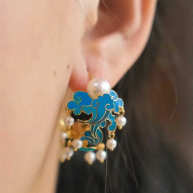 

Original new in silver blue enamel Xiangyun inlaid pearl earrings for women classical Courtly style wedding jewelry