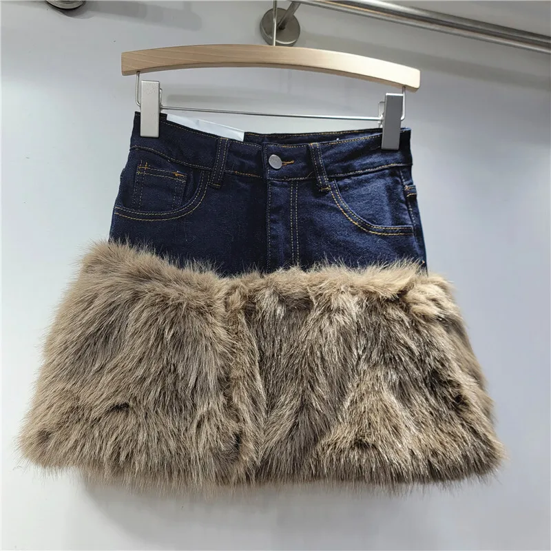 DEAT Women's Denim Skirt High Waist Patchwork Plush Wrap Hips Hotsweet Style Slim Short Skirts 2024 New Fashion Winter 29L8893