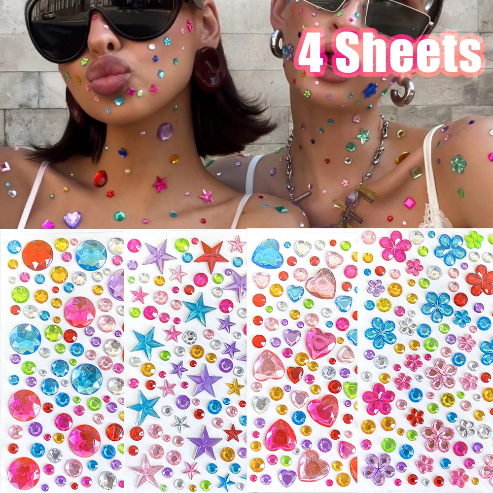 4pcs Large Colorful Face Gems Stickers Self Adhesive Rhinestone Jewels Sparkly Face Body Eye Decor Festival Concert Party Makeup