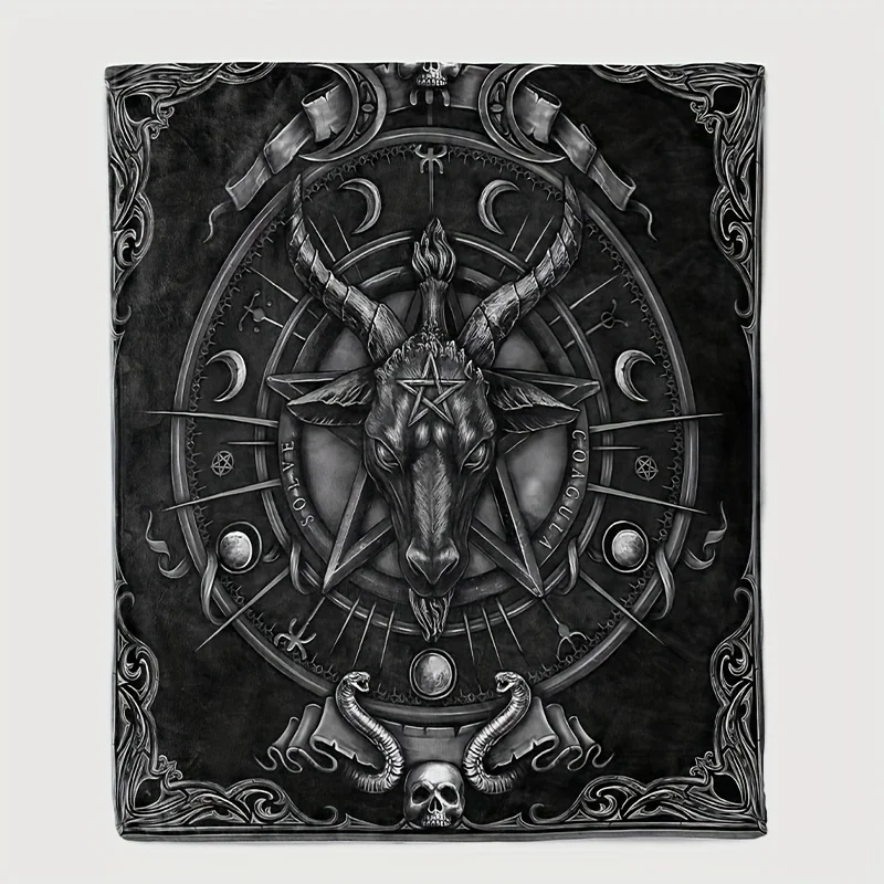 Vintage Horror-Themed Goat Head Print Flannel Throw Blanket - Hypoallergenic, Tear Resistant, Multipurpose Quilted Knitted Blank