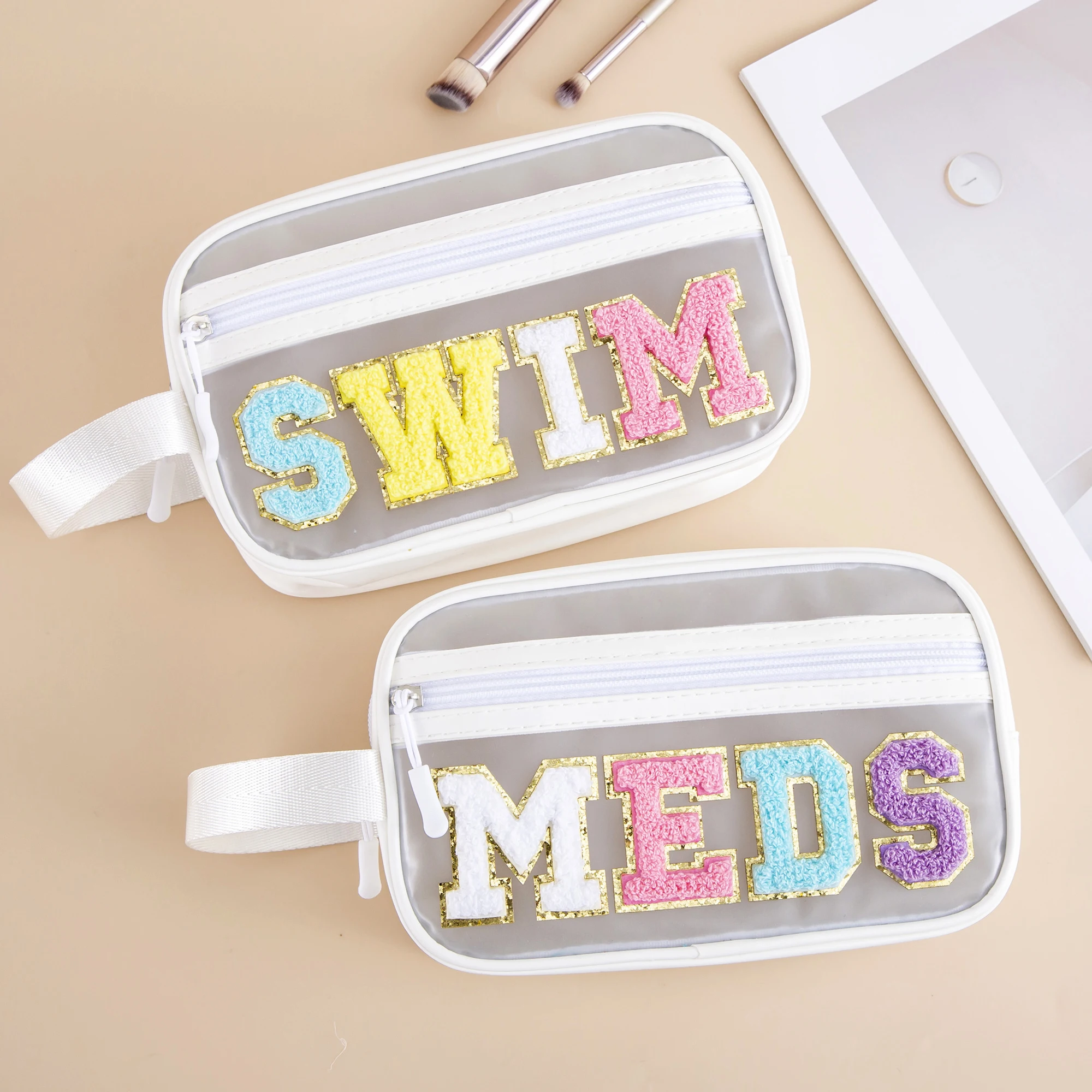 Women Cute Transparent Preppy Chenille Letter Clear PVC SWIM Makeup Bag MEDS Medicine Pouch with Strap Handle Cosmetic Pouch