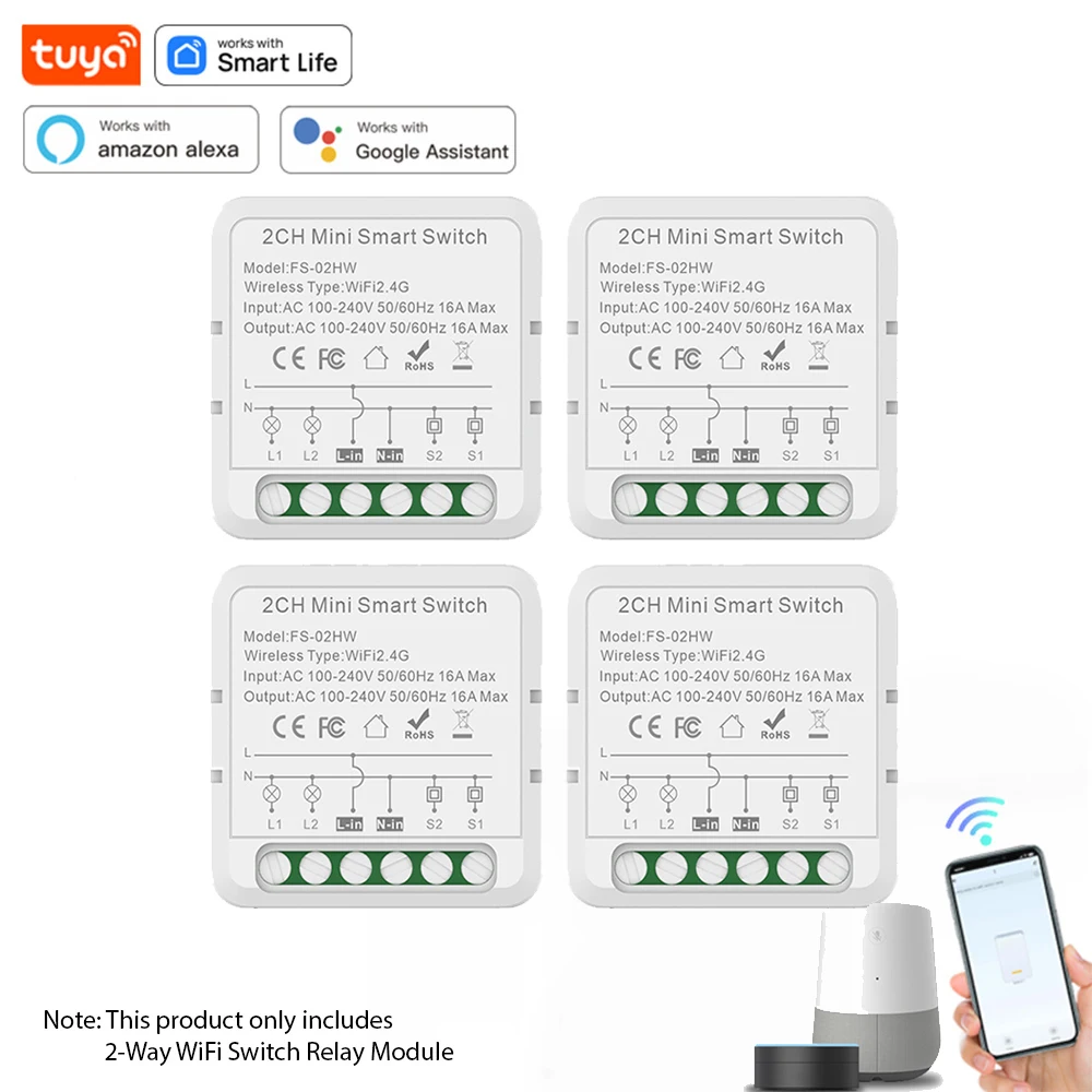 

4PCS 2-Way WiFi Switch Relay Module Smart Circuit Breaker 16A Wireless On/Off Device Dual Control Light Switch Tuya APP Control