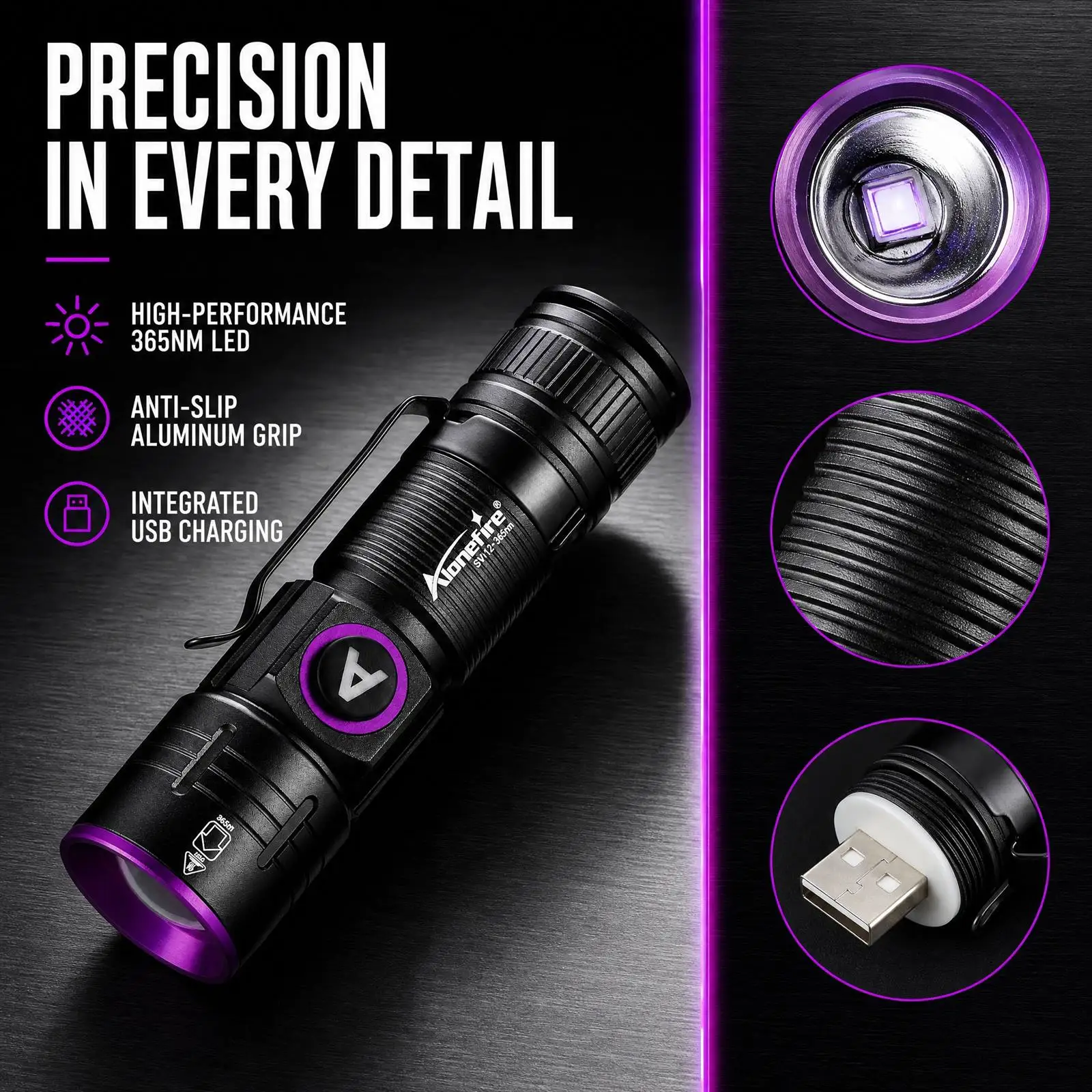 Zoom 365nm/395nm USB Wiederaufladbare Mini-UV-Taschenlampe zur Erkennung von Katzen- und Hundeurin, Tinea, Geld, Erz, Jade und Skorpionen – Detail 2