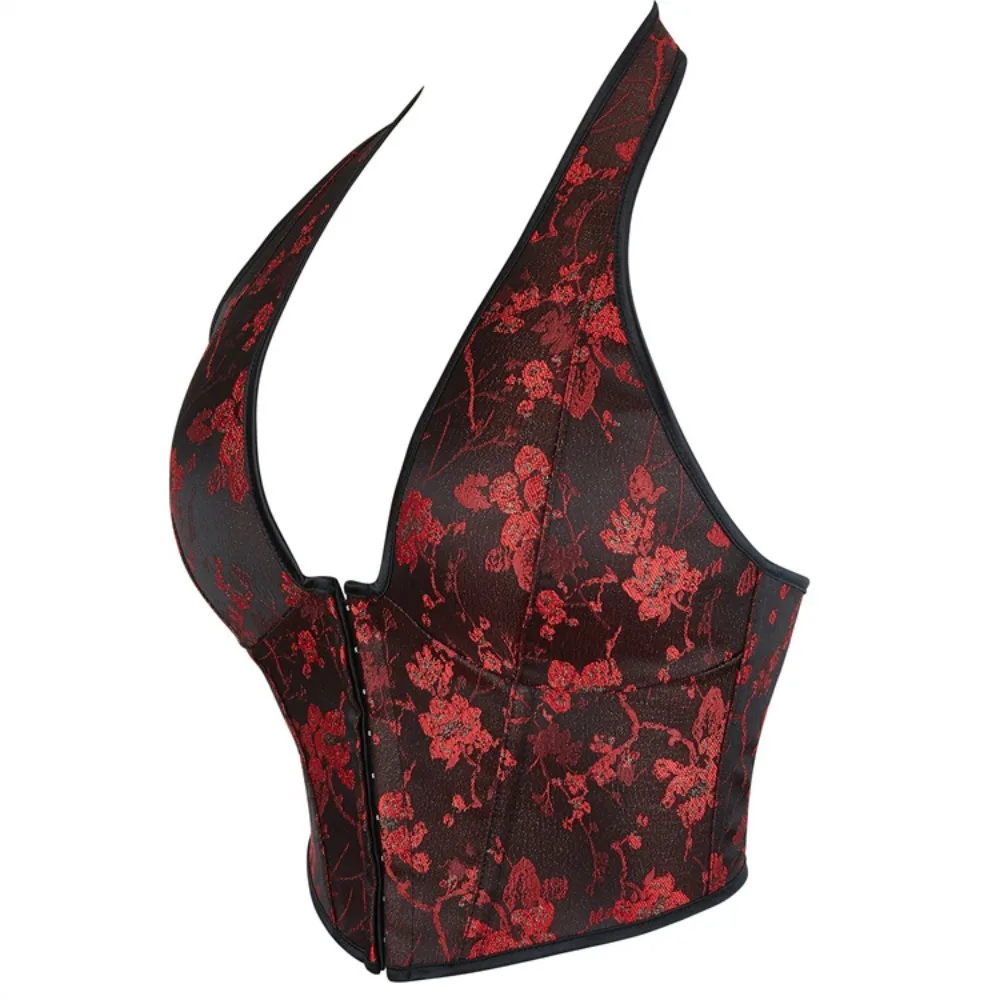 

Black Red Sexy Print Corsets Crop Top Women Vintage Halter Lingerie Slimming Overbust Bustier V-neck Sexy Halter Lingerie