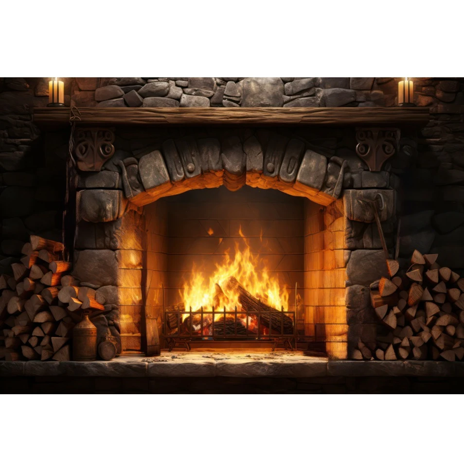 Fireplace Fire Backdrop Burning Flame Brick Wall Christmas Baby Portrait Family Party Decoration Photography Background Banner