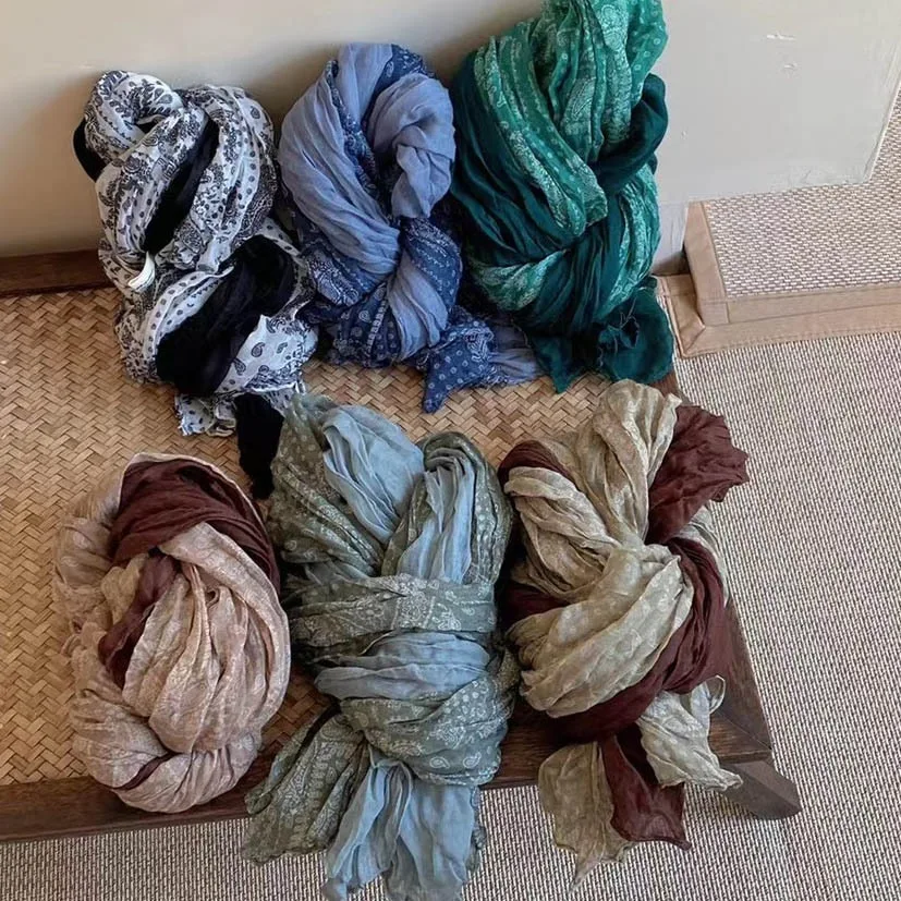 Schal Neu Literarisch und Retro Vielseitig Dünn Bedruckt Plissee Baumwolle und Leinen Schal Twist Damen Herbst und Winter Cashew Cover