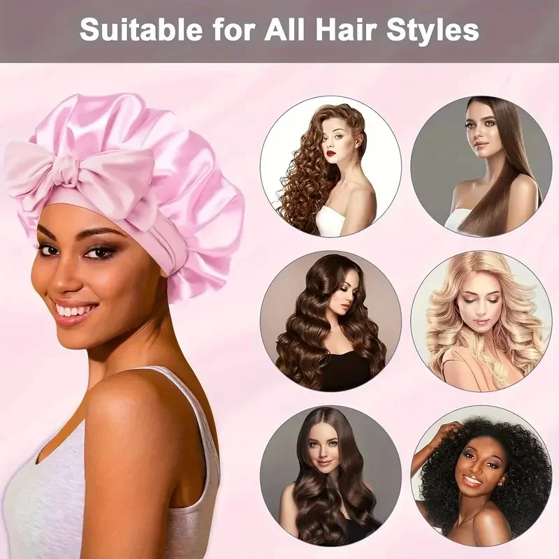 قطعة واحدة من قبعة الشعر الساتان ومجموعة Scrunchie مع قبعة نوم قابلة للتعديل/قبعة استحمام مرنة واسعة النطاق للنساء وجميع الشعر المجعد