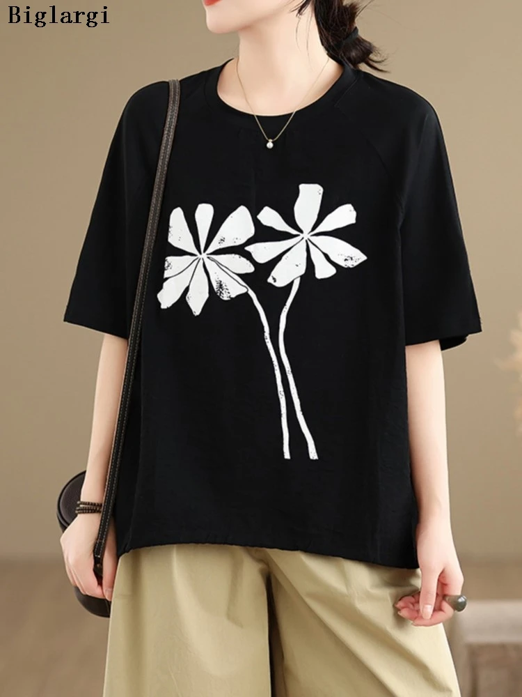 

Oversized Summer New T-Shirts Women Flower Floral Print Fashion Ladies Blouses Casual Loose Short Sleeve Woman T-Shirts