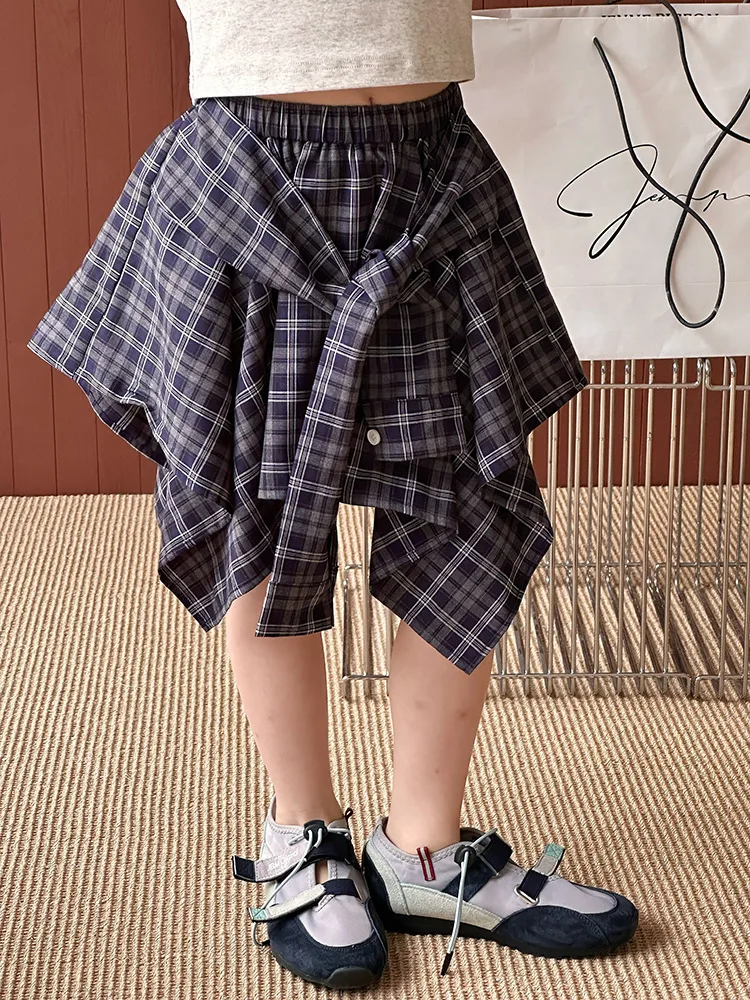

2-16Y Girls Summer Skirts 2025 New Korean Fashion Streetwear Casual Blue Plaid Cool Irregular Shirt Dress