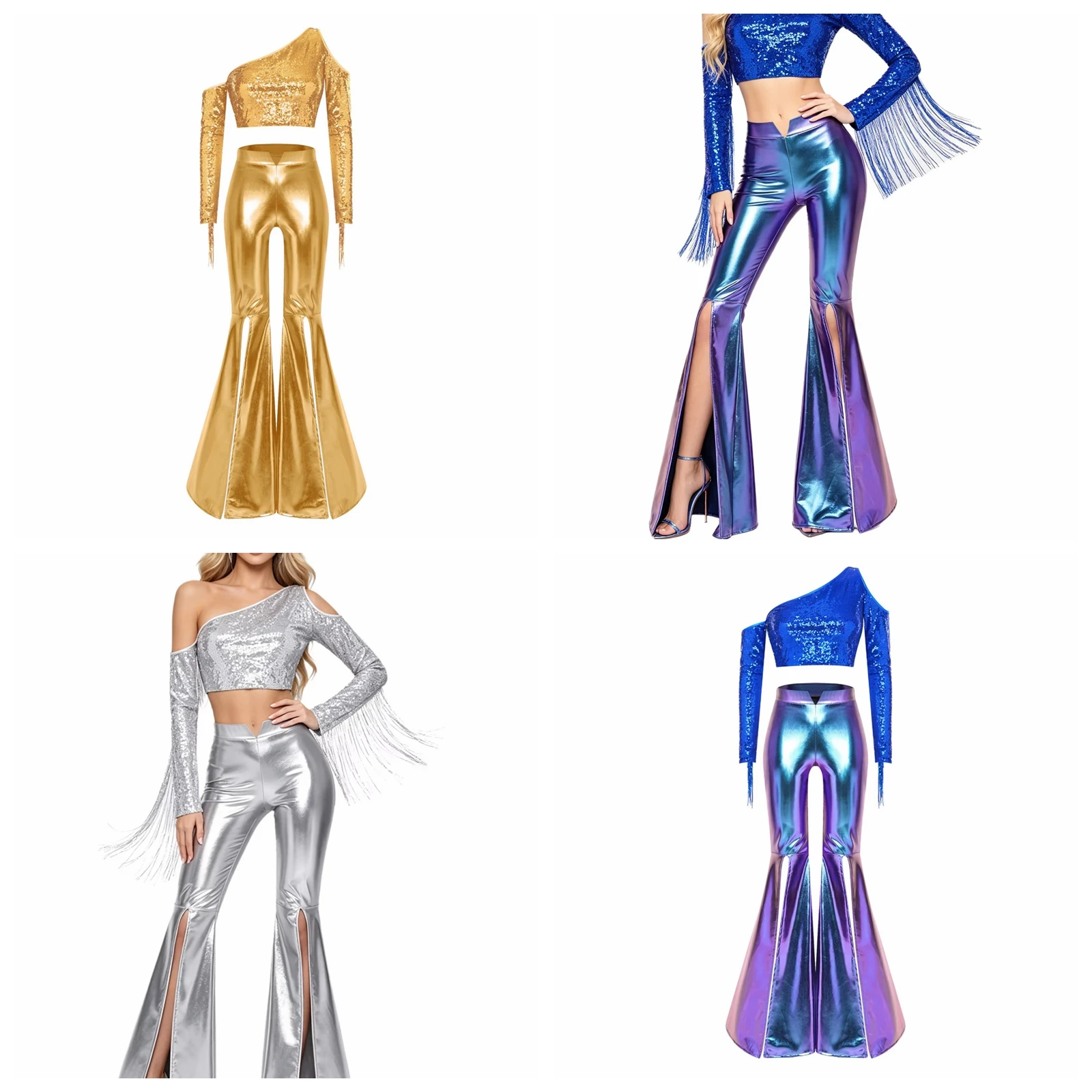 Women Sparkly 70s Disco Dance Outfit Music Festival Prom Club Jazz Dance Costume Tassel Sequined Crop Top Flared Pants Dancewear