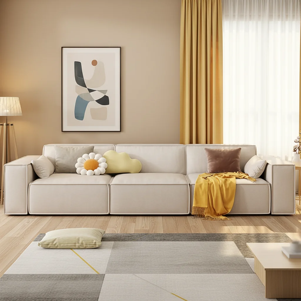 xx-Modern Minimalist Italian Nordic Tech Fabric Sofa Square Pattern Modular 3-Seater Straight High-End Living Room Furniture*