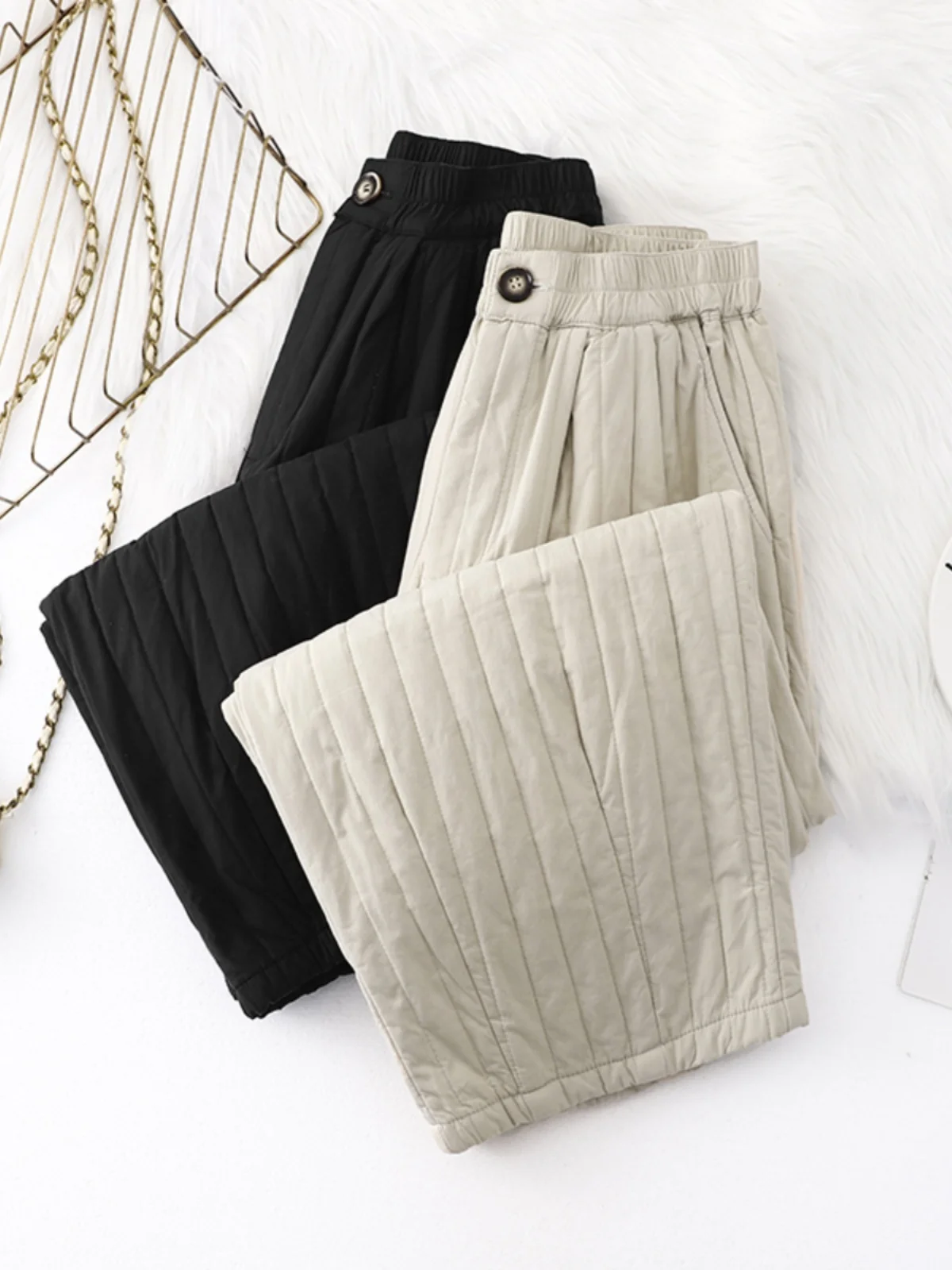 

Thiened Cotton Pants Women's Winter Loose Casual Cotton Trousers Warm Wide Leg Pants High Waist Straight Cut Long Pants