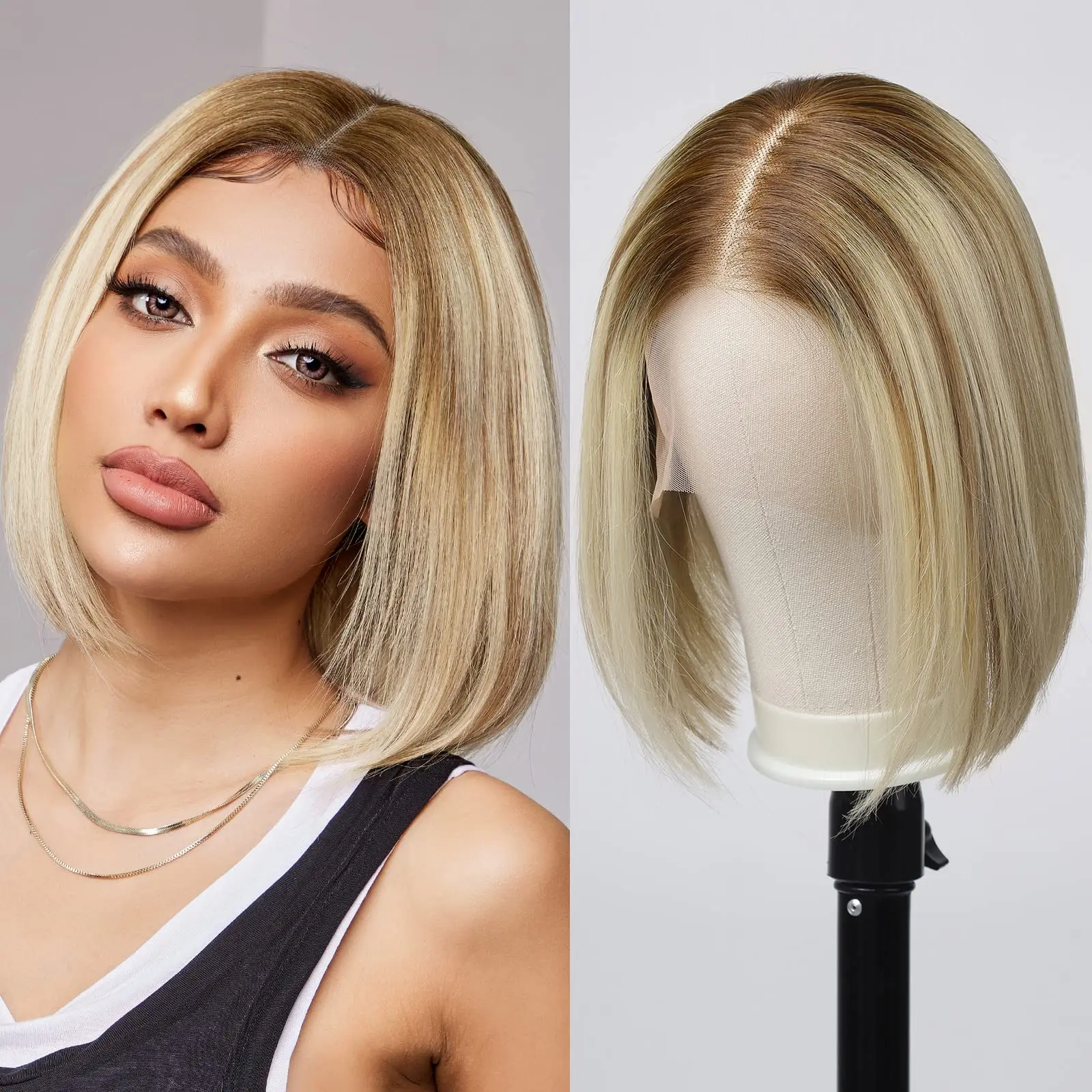 Perucas frontais do laço do cabelo humano remy para mulheres, curto, reto, Bob, marrom, loiro, misto ombre, pré-arrancadas, 10 polegadas, diariamente