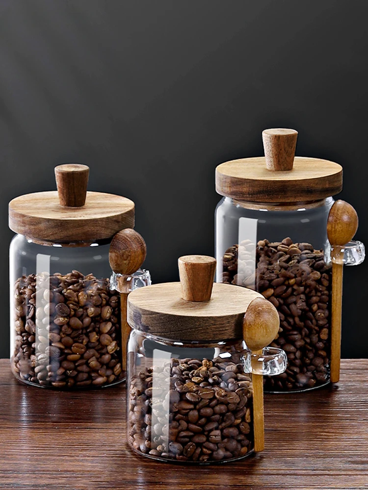 Coffee Bean Storage Jar Glass Sealed Jar with Spoon Storage Box Coffee Powder Storage Can Tea Can