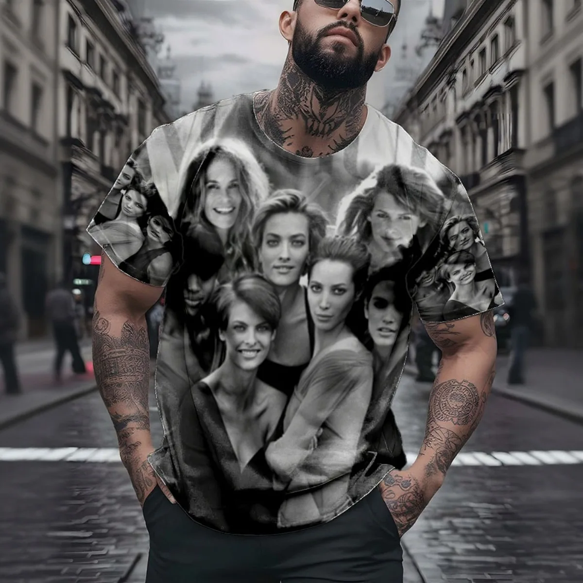 90's Supermodels Poster New Arrival Fashion Men's Short Sleeve All-Over Print T-Shirt Unique All-Over Print Design for Stylish D