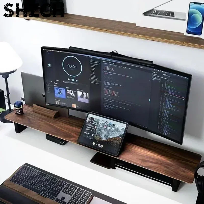 solid-wood-monitor-stand-black-walnut-desktop-storage-shelf-minimalist-modern-design-height-increase-rack-for-computer-screens
