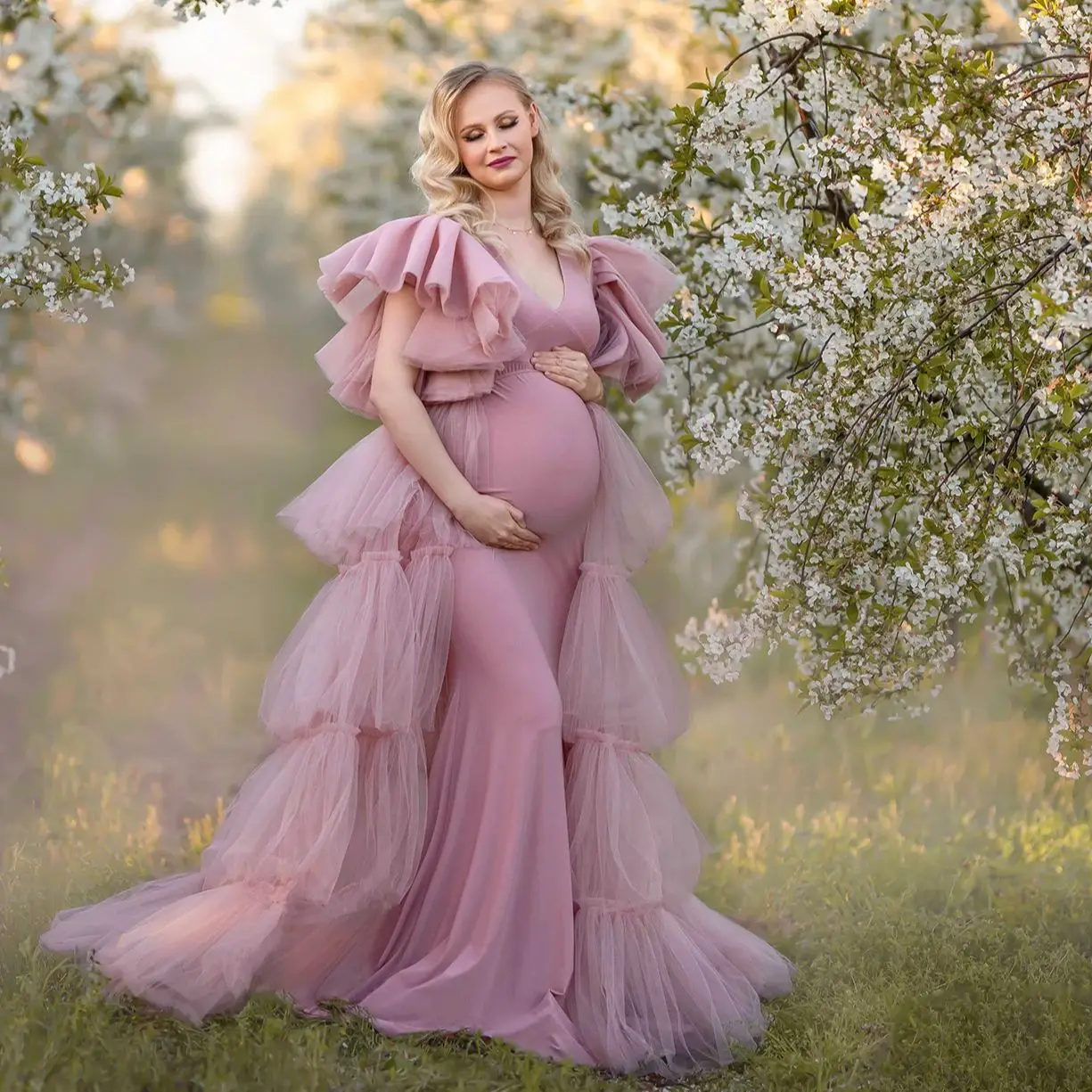 V Neck Maternity Gowns for Photo Shoot Dusty Pink Sleeveless Gala  Robes Tiered Ruched Babyshower Gowns for Women Dressing