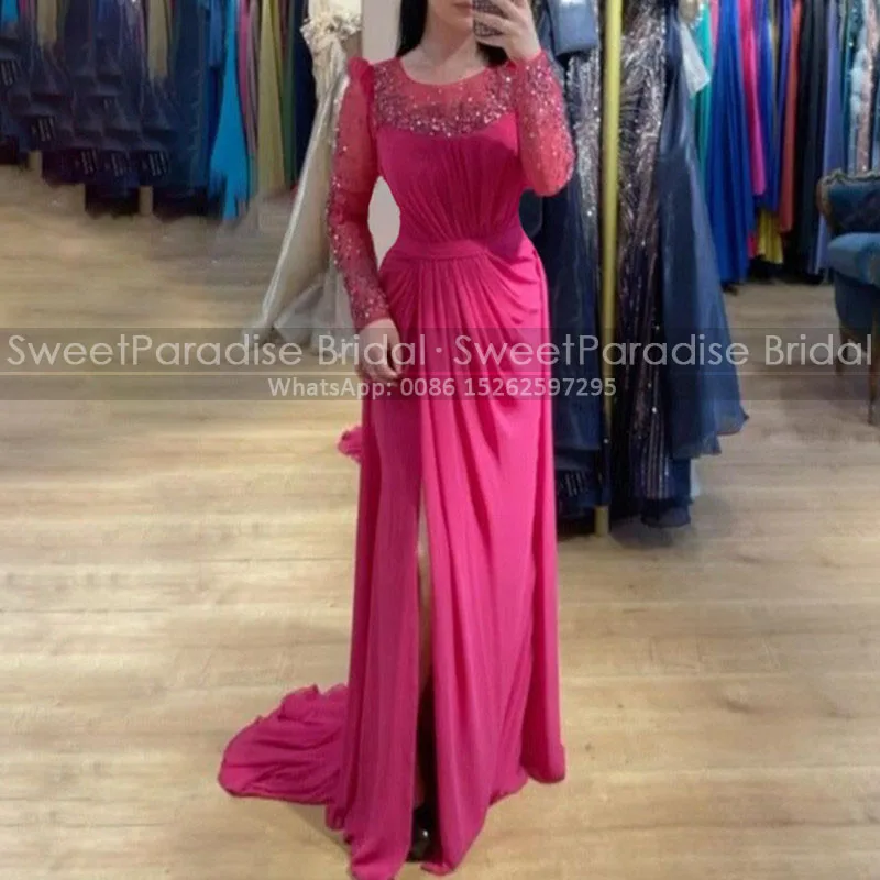 Sequins Heavily Beaded Mother of the Bride Dresses Sheer Long Sleeves Side Slit Pleat A Line Customized Chiffon Evening Dress