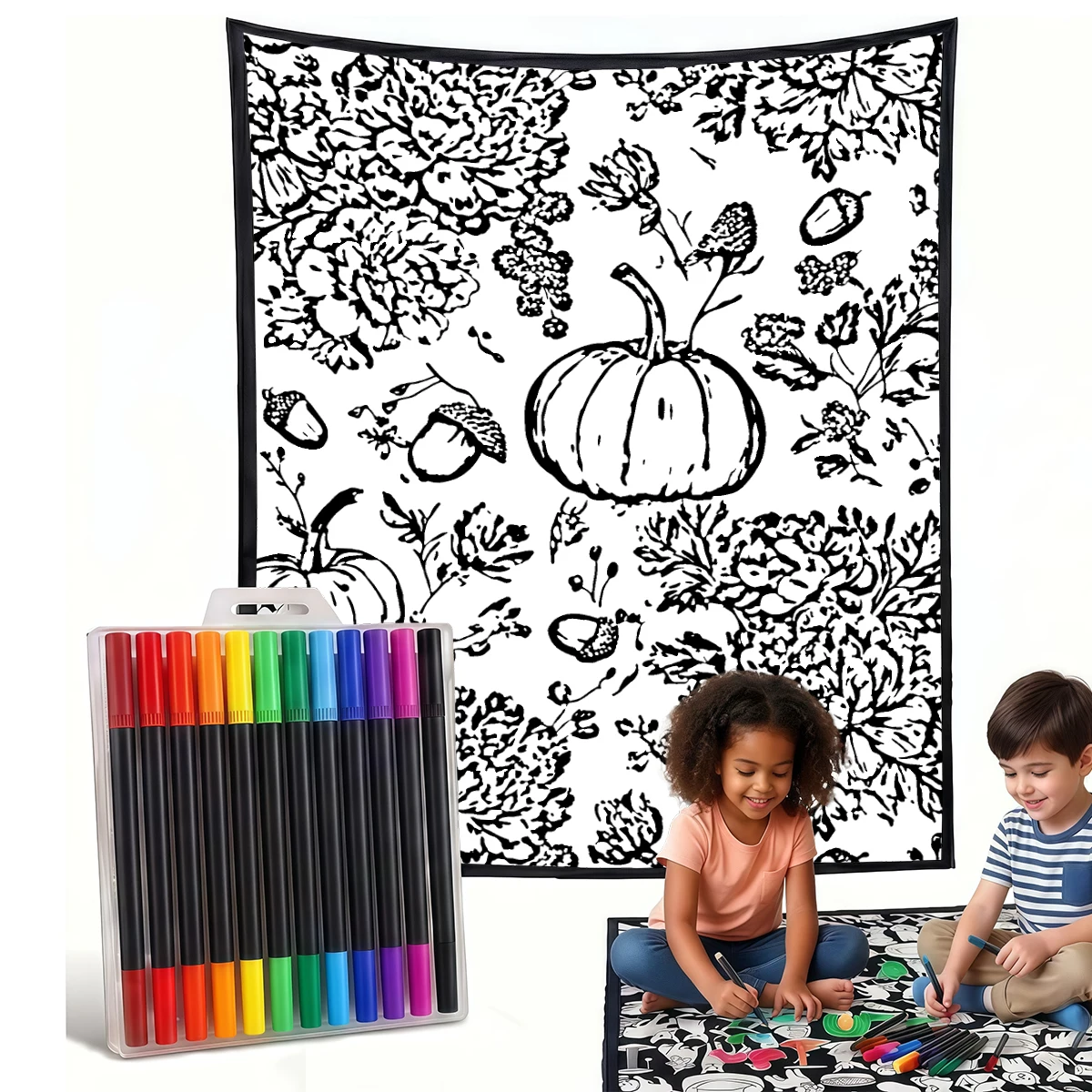 Orange Pumpkin Acorns DIY Cozy Coloring Blankets -24 Markers, Cozy Velvet Ideal For Daily Use Home Decor And Kids Spaces