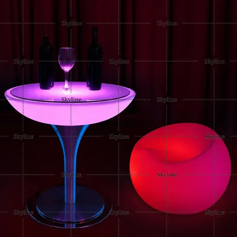 for LED Luminous High Bar Table and Chairs Round Wine Table Glowing Stools Outdoor Furniture with Backrest Creative Design