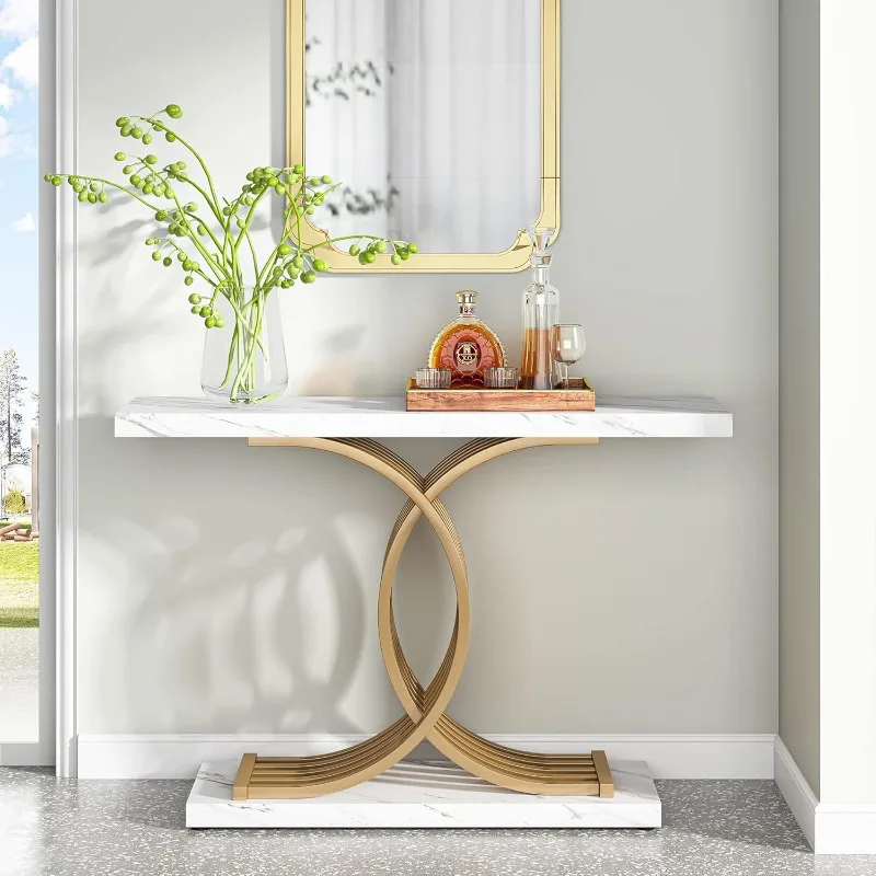 Gold Entryway Table, Modern 39-Inch Console/Accent Table with Geometric Metal Legs, Faux Marble Narrow Wood Sofa Tabl