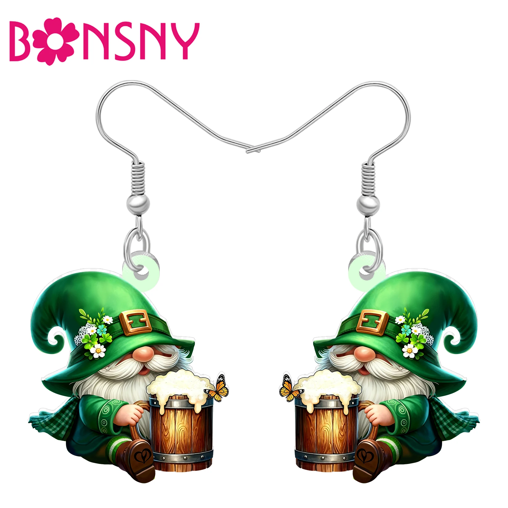 BONSNY Acrylic St Patricks Day Leprechaun Earrings Floral Green Clover Hat Beer Gnomes Holiday Jewelry Gnome Gifts For Women