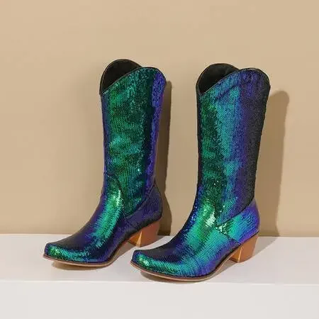 

2024 Women Knee High Boots Square Heel Round Toe Ladies Short Boots Bling PU Leather Fashion Slip on Dress Autumn Women's Shoes