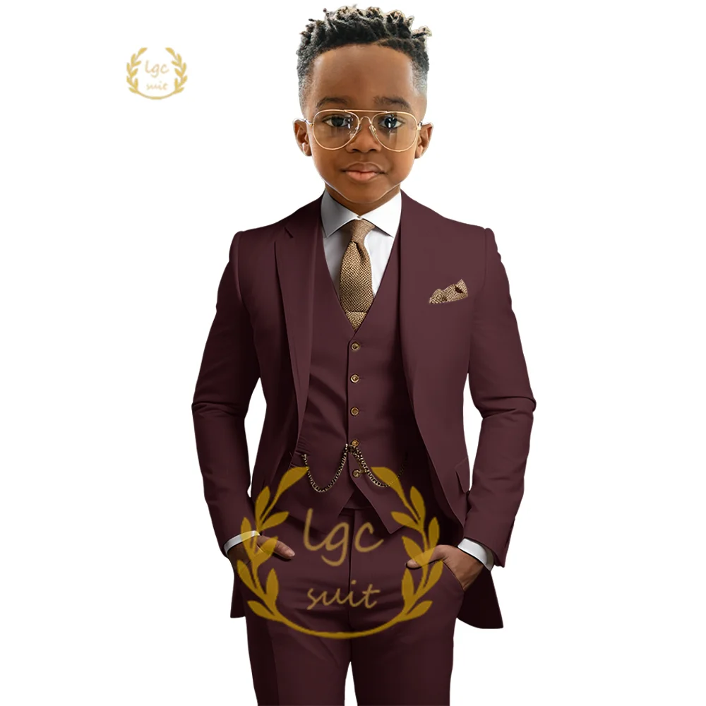 Boys wine red notch lapel formal suit 3 piece suit custom made 3~16 years old children wedding dinner cocktail dress