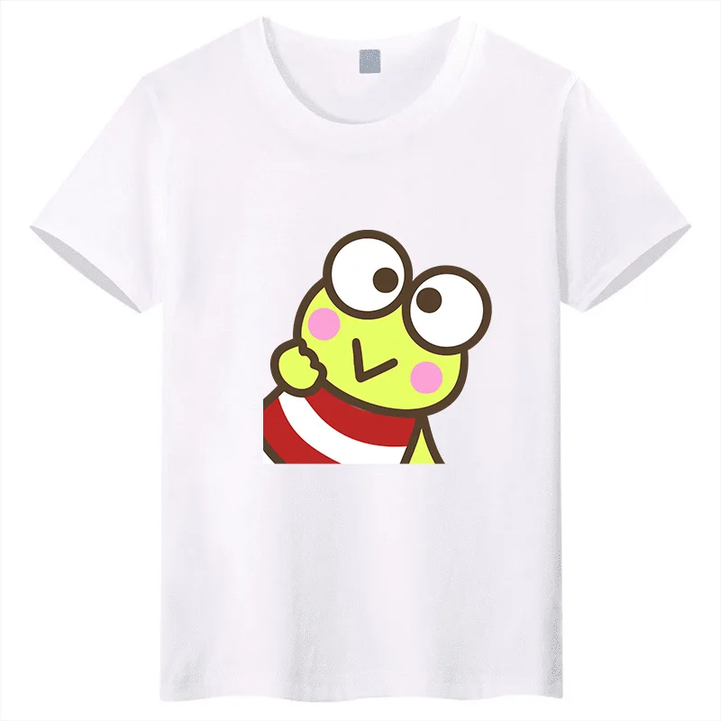 

Новые детские футболки с милым мультяшным принтом Keroppi Tilted His Head, летние разноцветные полосатые повседневные топы для родителей и детей
