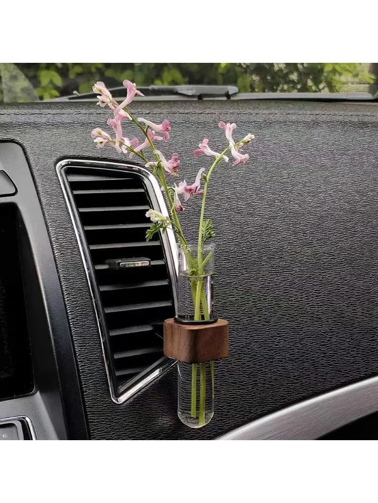 Mini Vase à fleurs de voiture Stable, Clip élégant et réglable pour évent de voiture, Vase à fleurs en noyer et verre, décoration créative pour tableau de bord de voiture