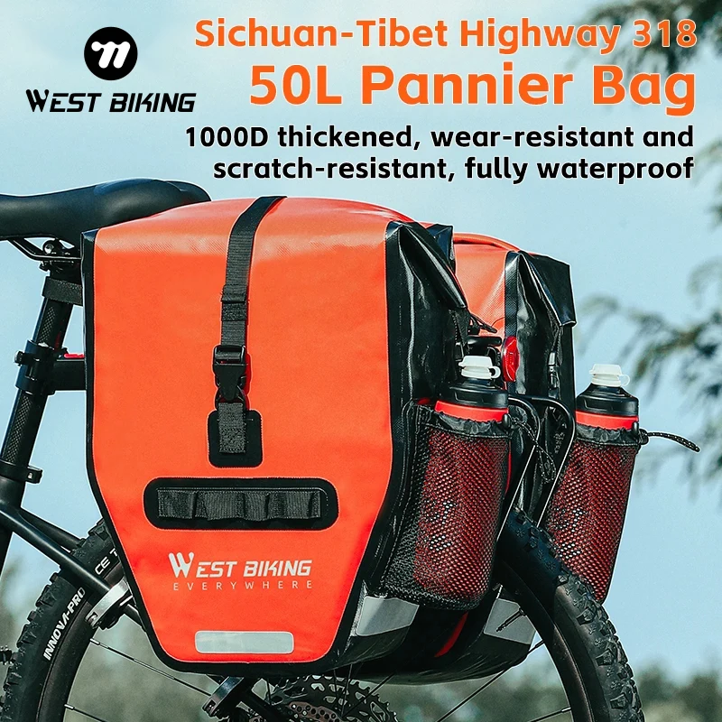 

WEST BIKING 50L Bicycle Bag Waterproof Long Riding Bike Pannier Durable Anti-slip Double Side Bag Outdoor Cycling Rear Trunk Bag