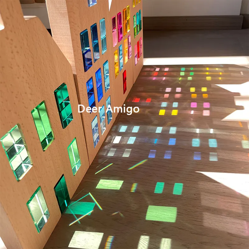 Rainbow Lucite Blocks Acrylic Clear Transparent Lucent Cubes Wood Houses Sparkling Cube Kids Open Ended Play Montessori Toys