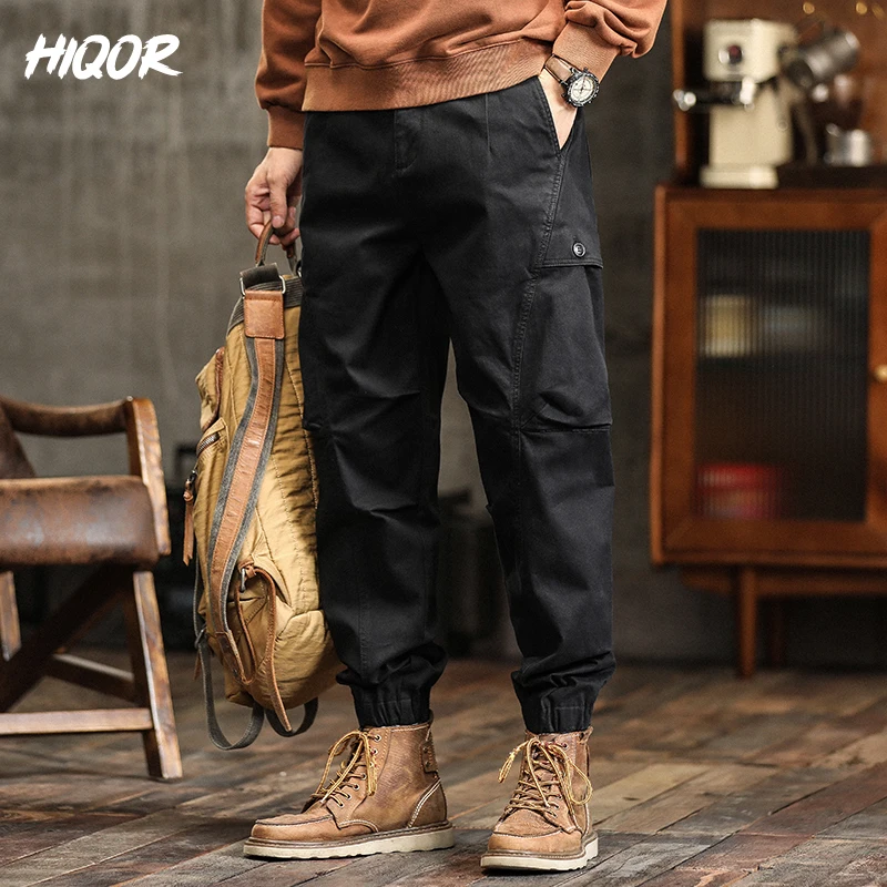 Hiqor-Calça Masculina Solta de Algodão Cargo com Bolso Grande, Macacão Masculino, Streetwear Casual Baggy, Esportes ao Ar Livre, Atletas, Roupas Masculinas