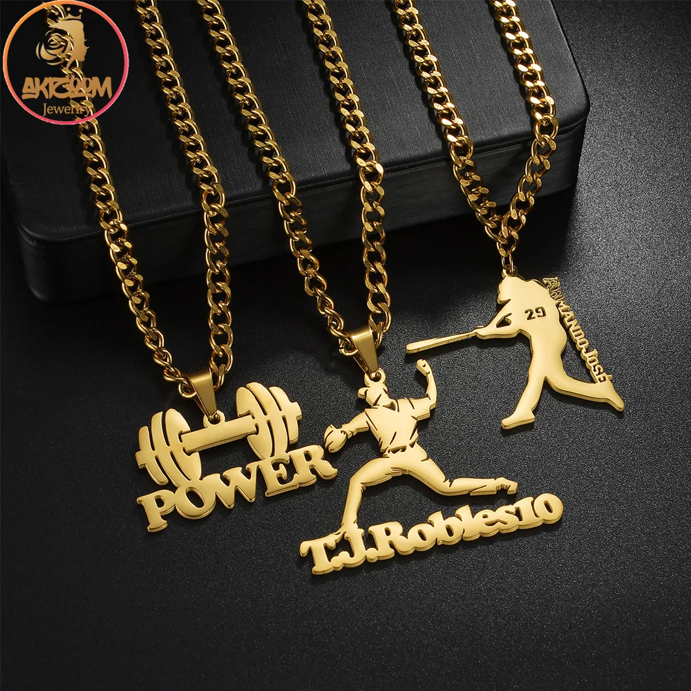 

Akizoom Custom Name Necklace Gold Color Drawing Stainless Steel Personalized Jewelry Cuban Chain for Women Men Christmas Gift