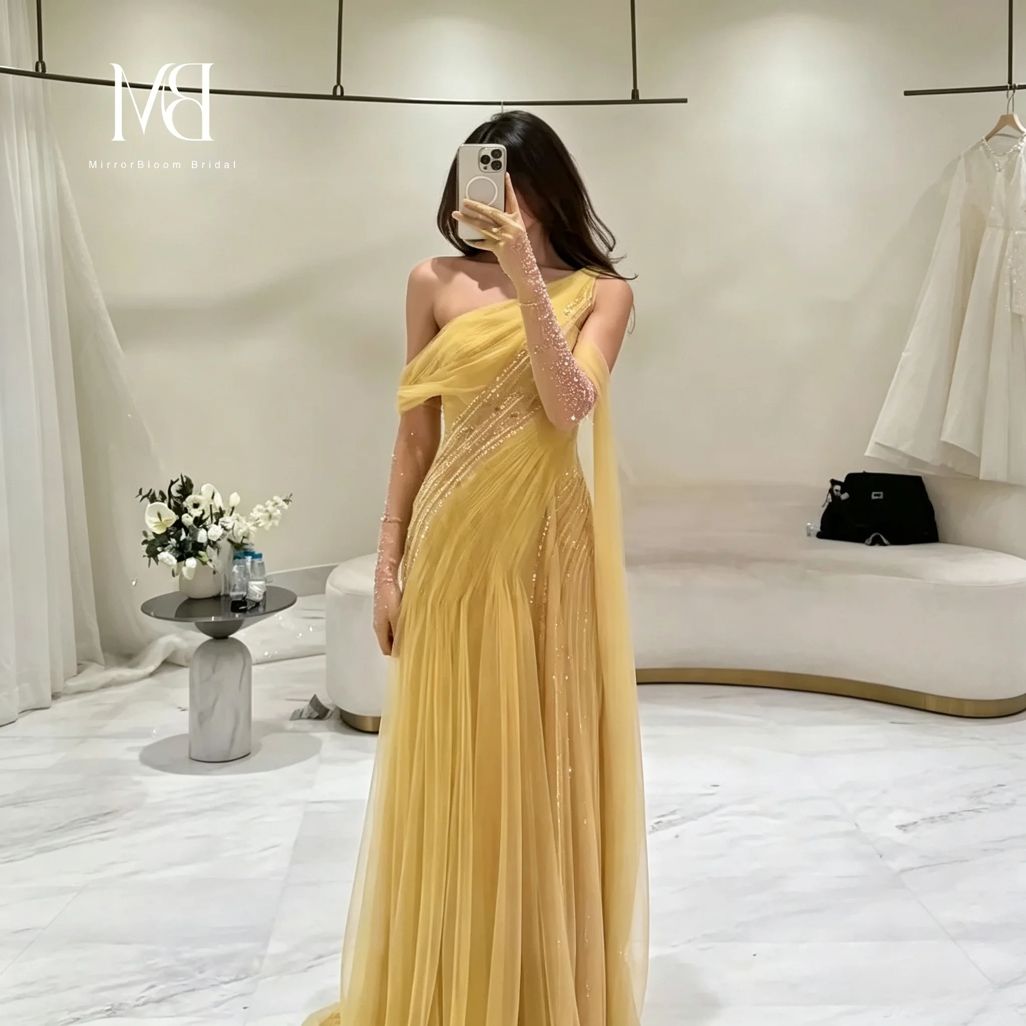 One‑Shoulder Draped Tulle Formal Evening Gown Hand Beaded Long Party Dress With Rhinestone Mesh Gloves