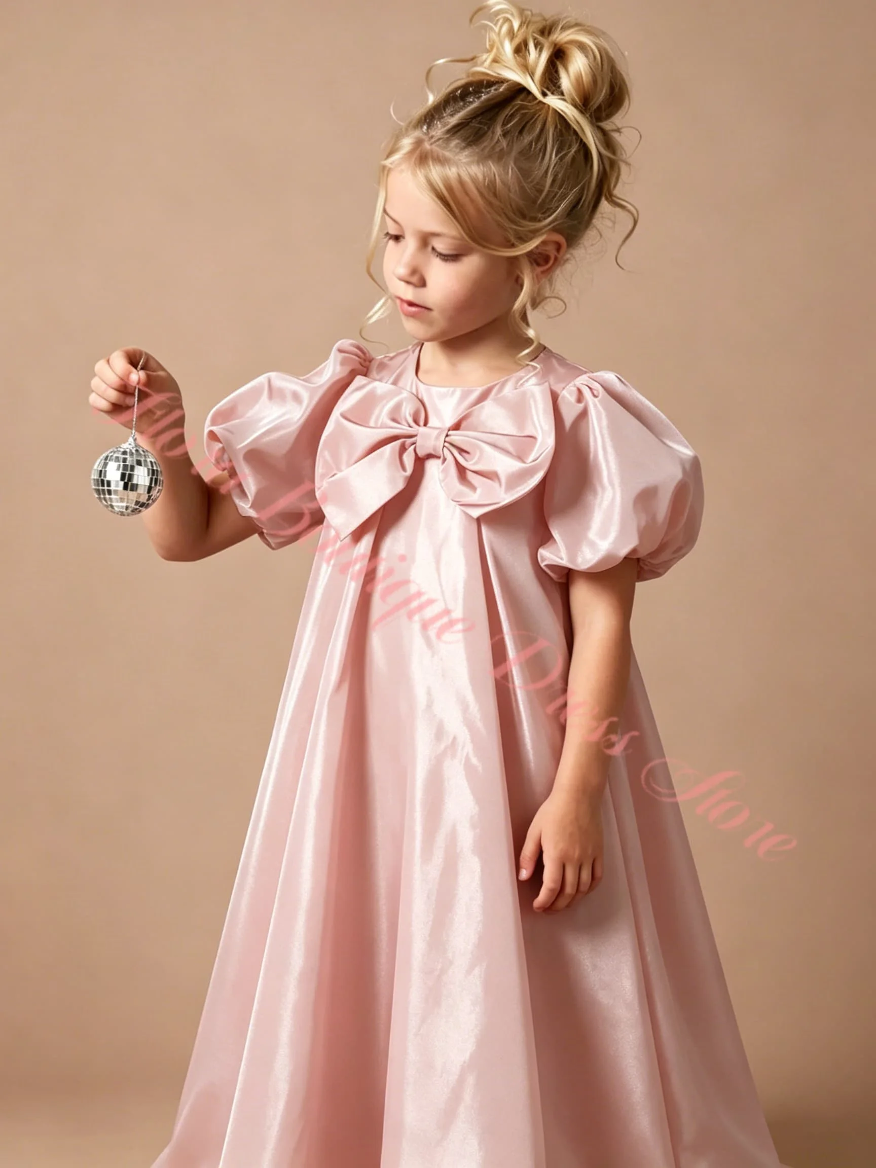 Customized Pink Bow Bridesmaid Flower Girl Dress For Wedding High Waist Satin Bow Kids Birthday Party Gown First Communion Dress
