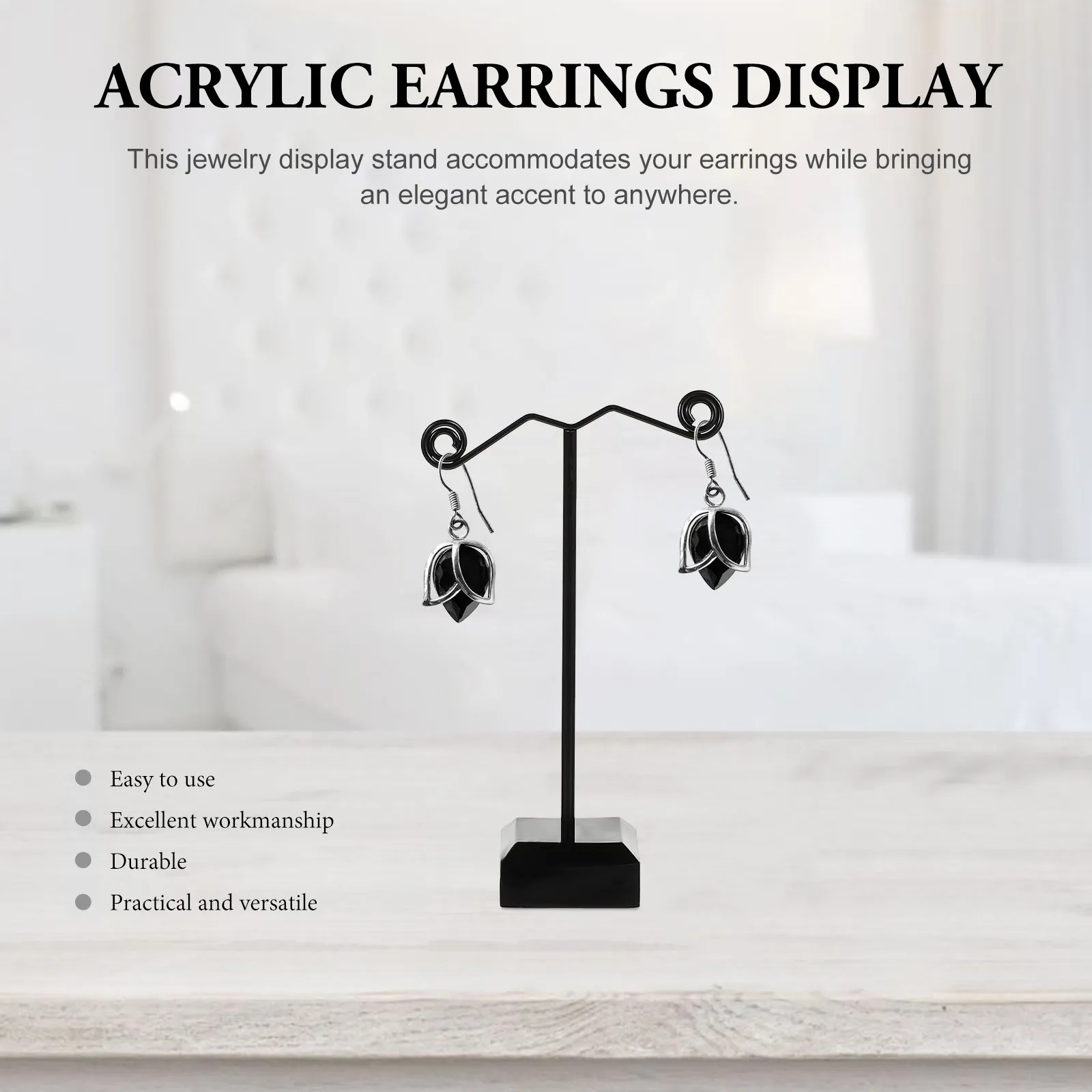 3Pcs Earrings Display Stand Black Acrylic Metal Jewelry Holder Organizer T-Shape Classic Symmetric Design for Stud Dangle