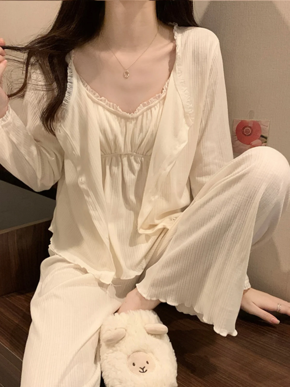 

Pure Cotton Long Sve Spwear Women's Spring Autumn Sle Floral Lace Trim with Chest Pad Fufu Tee Piece Set
