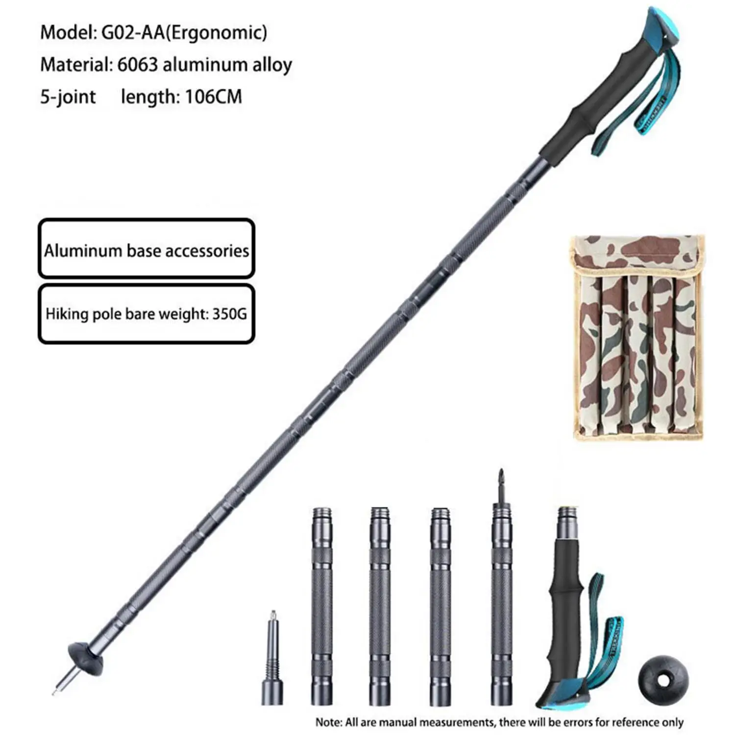 

Multifunctional 5-joint aluminum alloy trekking pole Outdoor telescopic folding hiking pole lightweight mountaineering cane