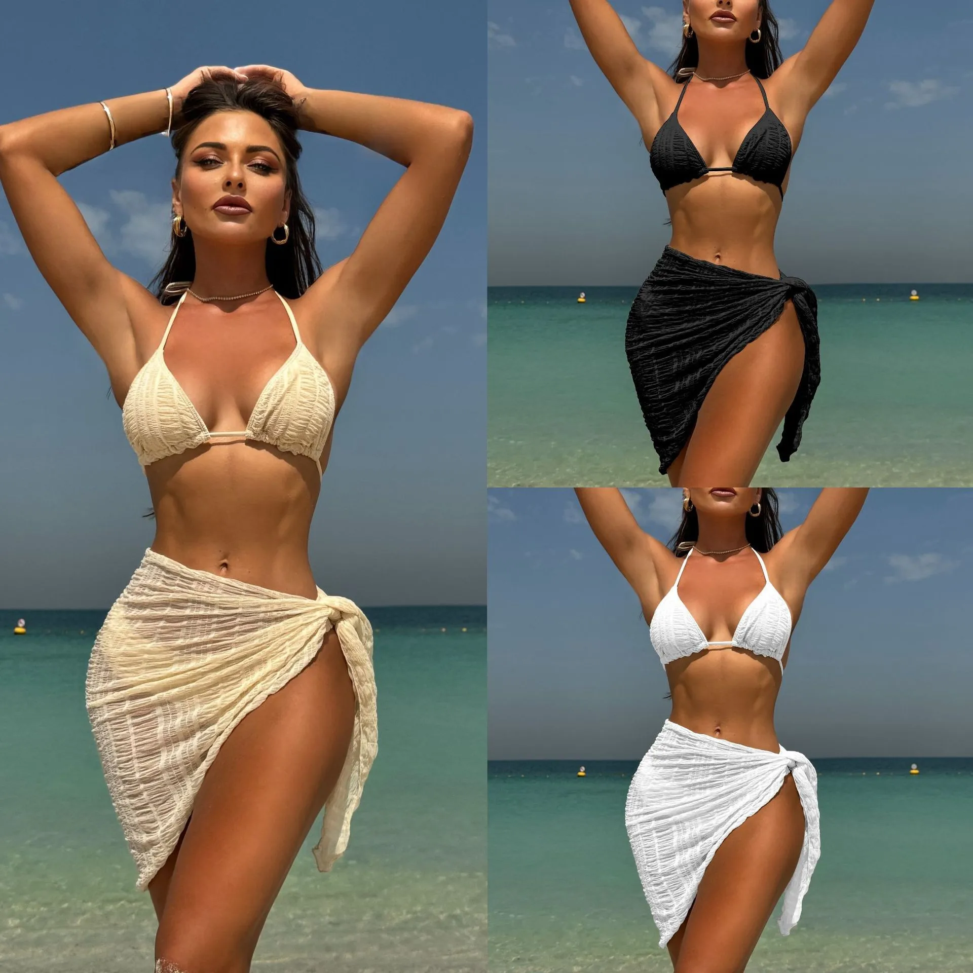 

2026 Bikini Triangle Top Tie Back Solid Color Bikinis High Waist Bottom Cream Black Swimwear Sheer Wrap Skirt Mesh Two Piece