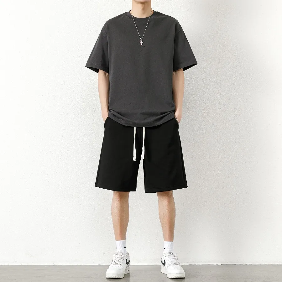 

Short sleeved suit men's autumn solid color versatile basketball shorts trendy pairing two-piece set