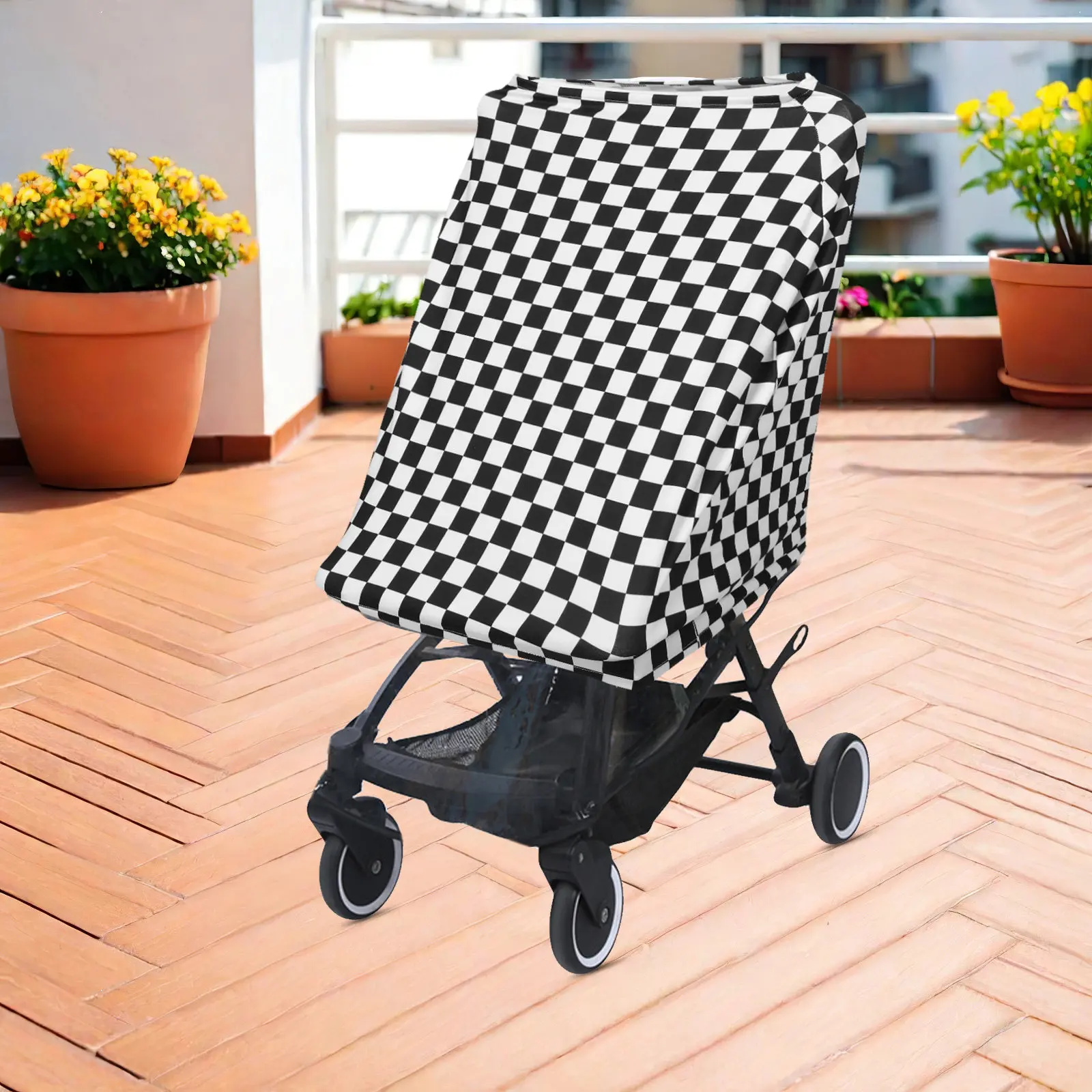 

Чехол для детской коляски, черно-белый, в клетку, из полиэстера, солнцезащитный, универсальный, ветрозащитный, для колясок, защита от ультрафиолета, ветроустойчивый